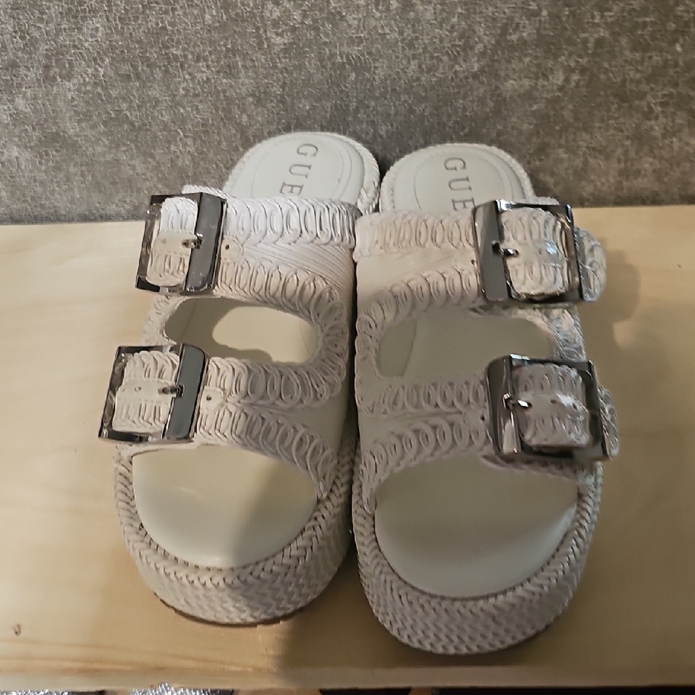 Guess White Sandals with Silver Buckles